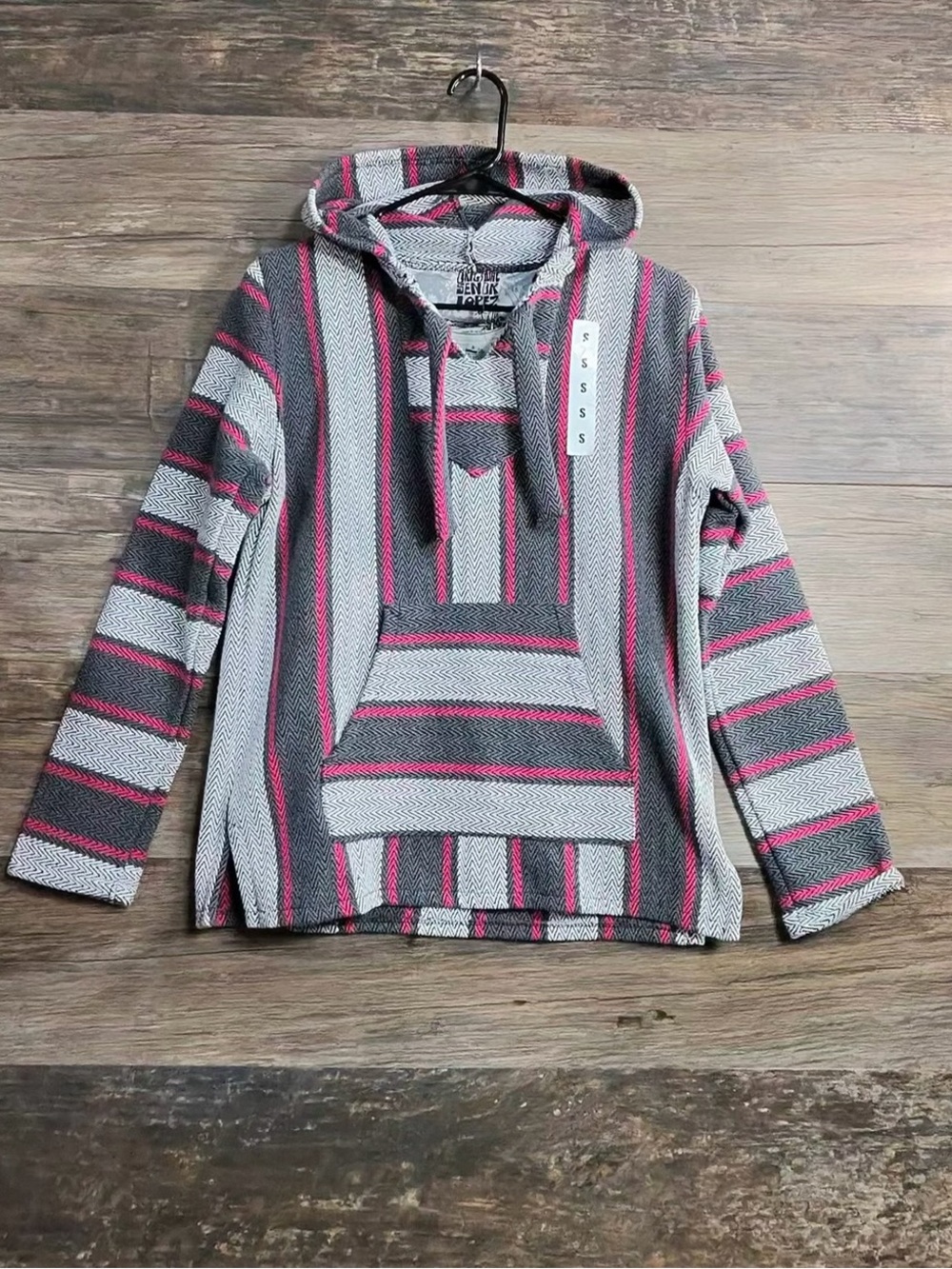 Senor Lopez Striped Hooded Baja Pullover - Gray & Pink